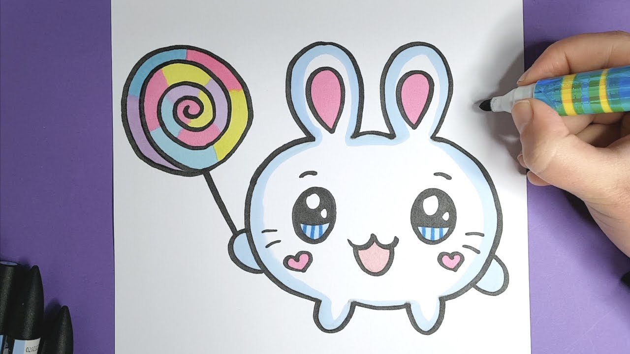 How to Draw a SUPER CUTE BABY BUNNY holding a Lollipop - HAPPY DRAWINGS