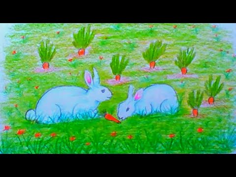 How to draw scenery with a cute bunny on grass || easy rabbit drawing || Hare drawing