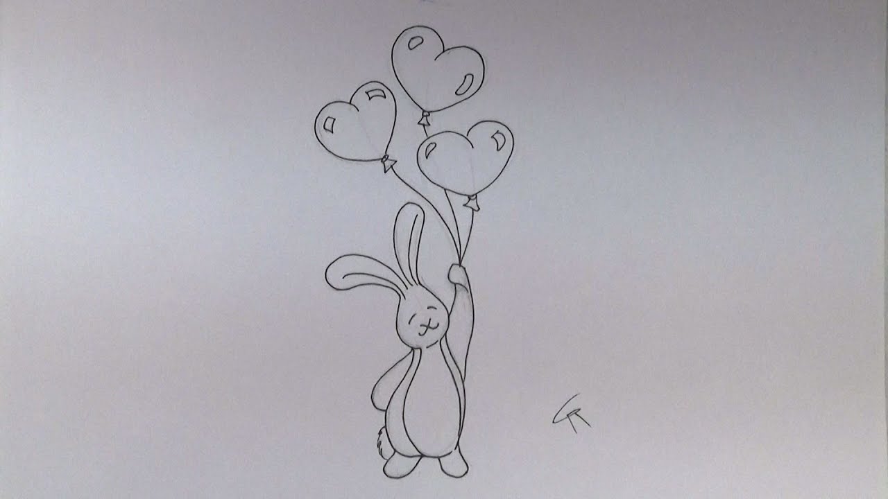 Draw Cute Bunny With Heart Balloons -- iCanHazDraw!