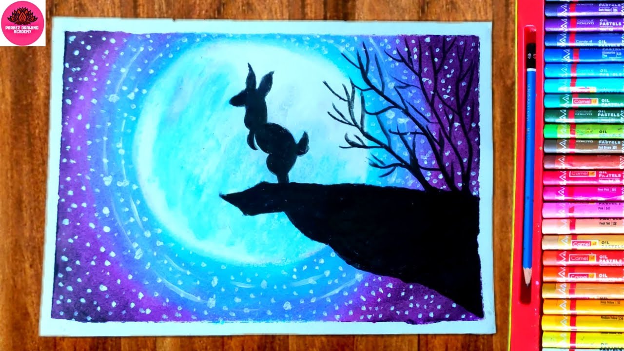 Cute Bunny moonlight scenery drawing with Oil Pastels -step by step