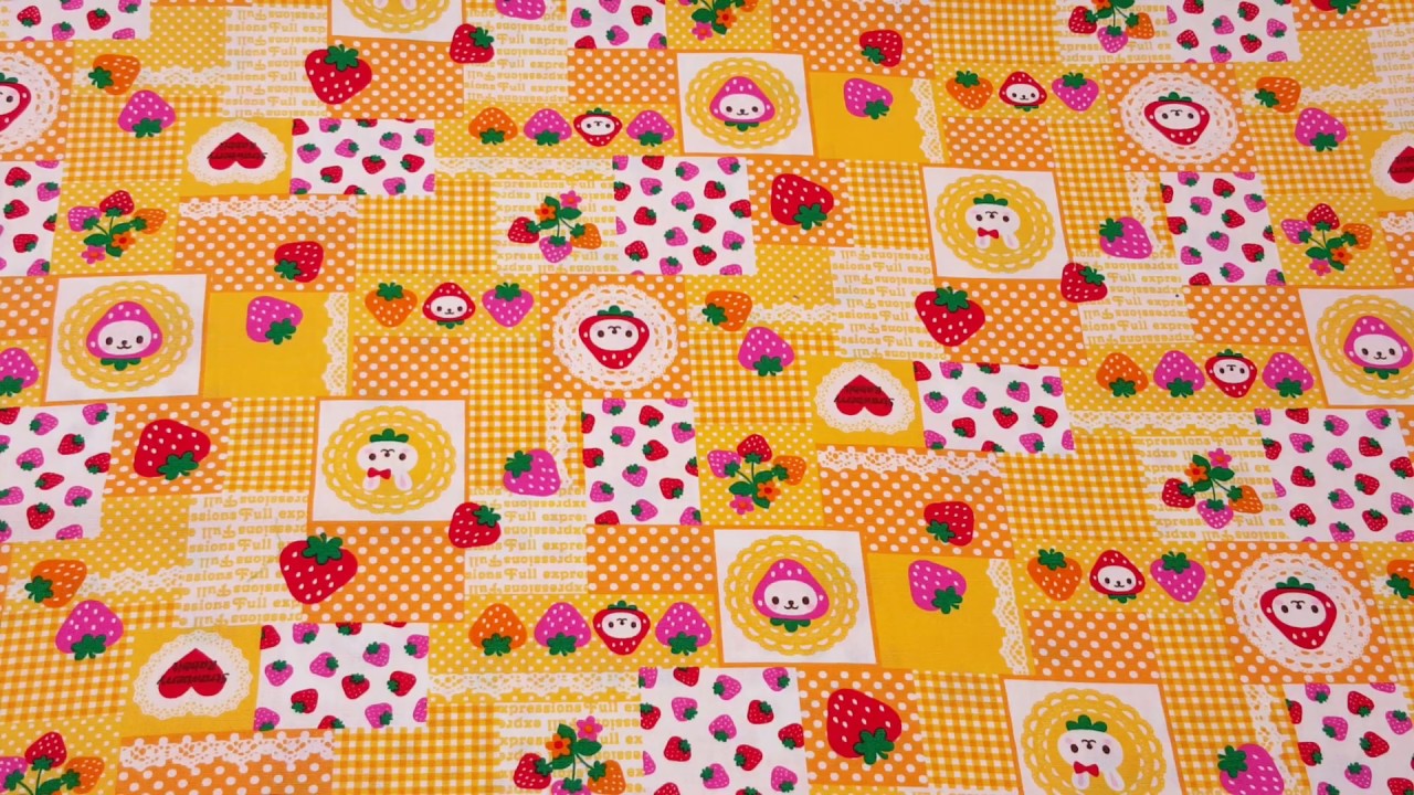 orange cute bunny strawberry square rectangle pattern fabric