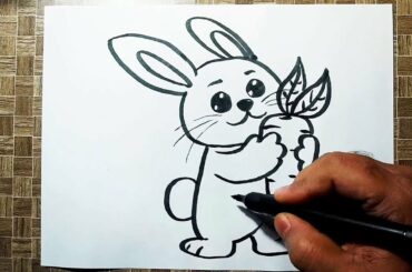 How to Draw a Bunny with Carrot || Cute Rabbit Cartoon Drawing