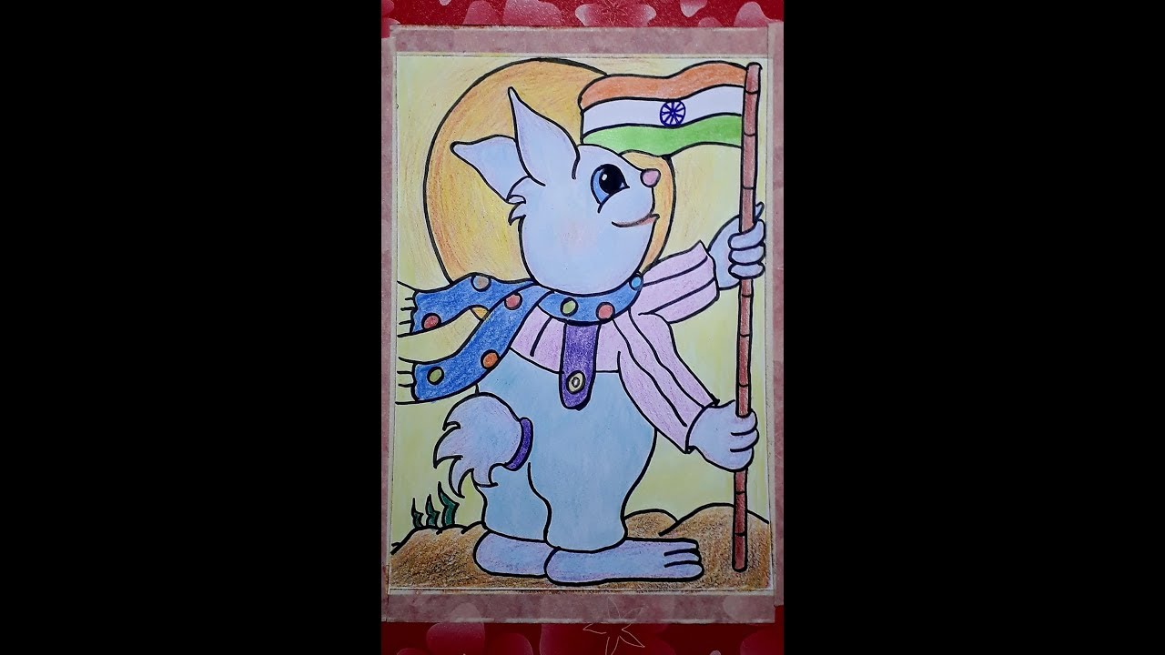 Easy coloring and drawing of a cute rabbit with flag for Kids, toddler