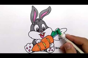VERY EASY, How to Draw CUTE RABBIT BUGS BUNNY / Drawing and Coloring for Kids / Learn to Draw