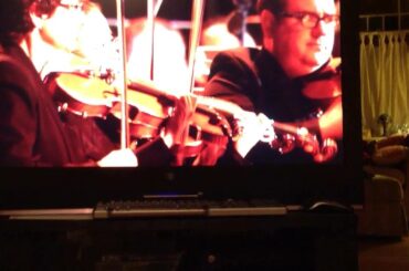 Cute bunny rabbit inside a TV stand enjoying classical music