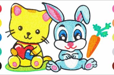 coloring & drawing Cute Bunny and Cat with line clay and foam clay painting
