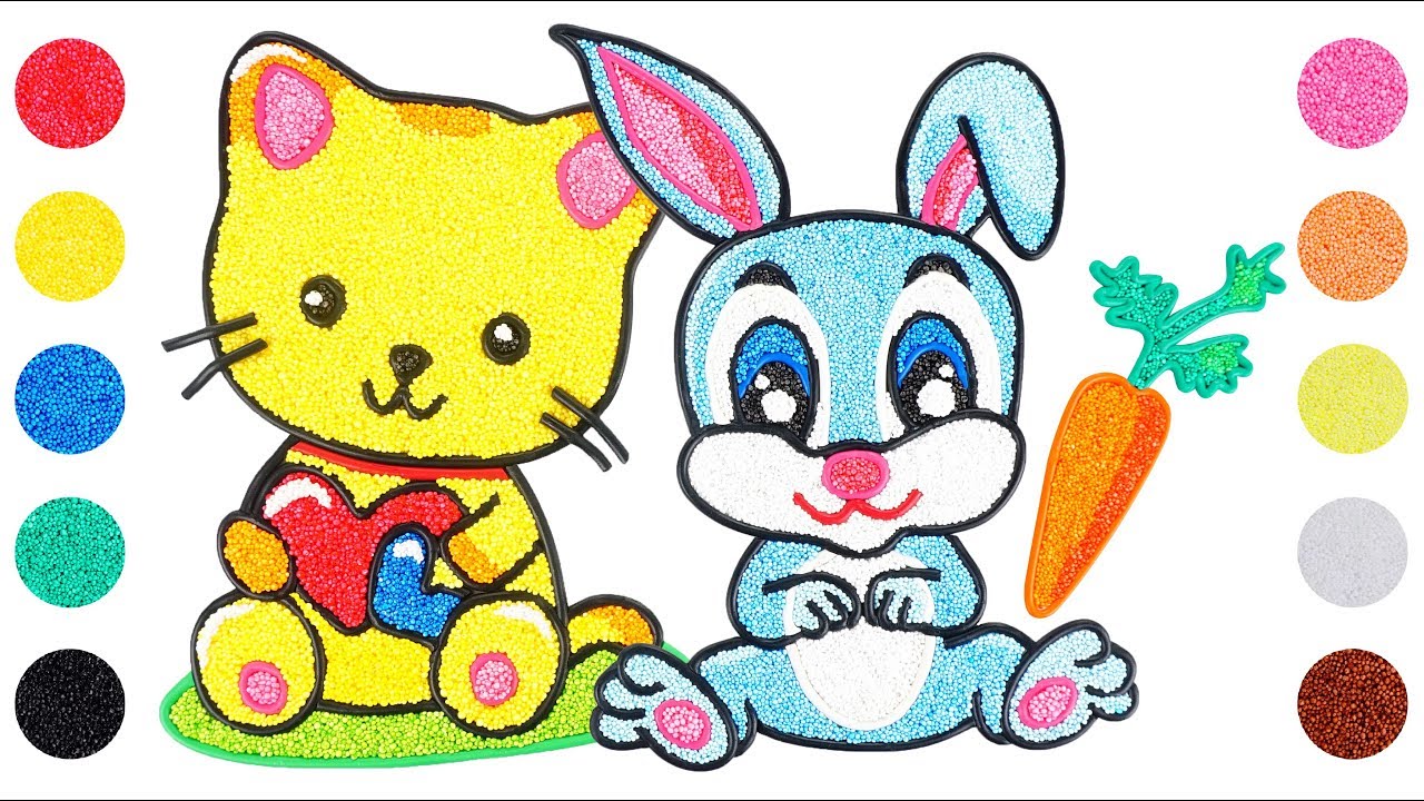 coloring & drawing Cute Bunny and Cat with line clay and foam clay painting