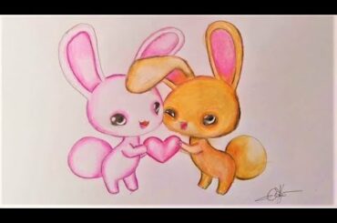 How to draw Cute Love Rabbits Step by Step | Art drawing tutorial easy