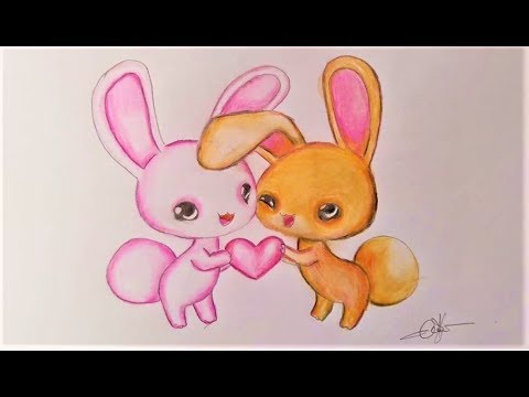 How to draw Cute Love Rabbits Step by Step | Art drawing tutorial easy