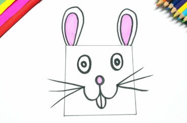 Draw & color Bunny Rabbit from basic shape Square, How to draw and paint for kids & toddler