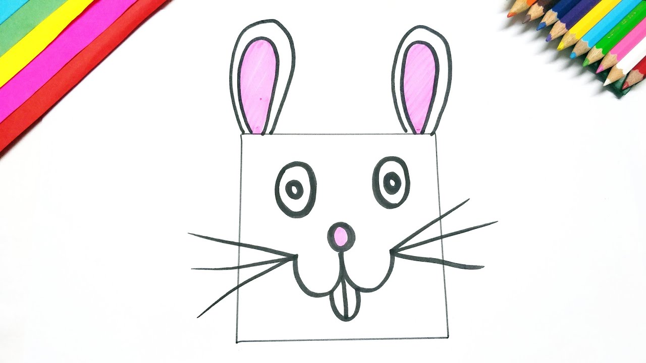 Draw & color Bunny Rabbit from basic shape Square, How to draw and paint for kids & toddler