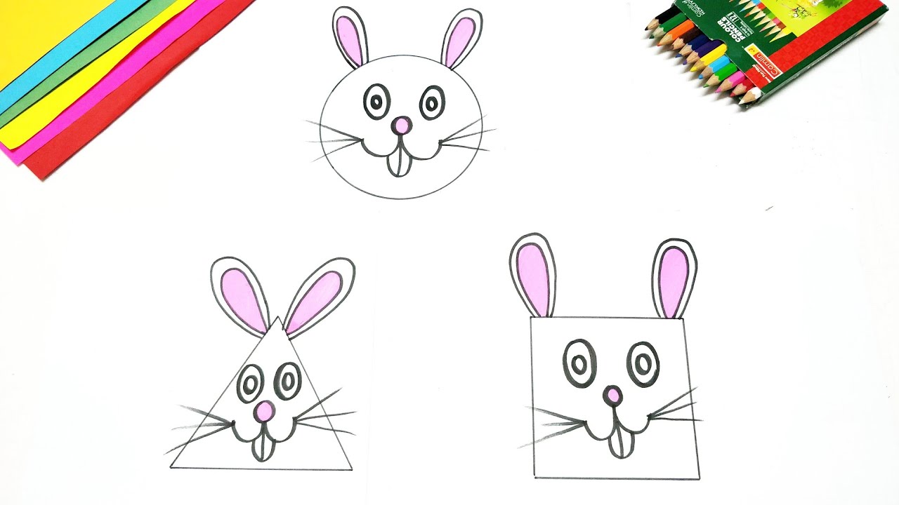 Learn how to draw and colour 3 types of Bunny Rabbit, drawing & painting from basic shapes for kids