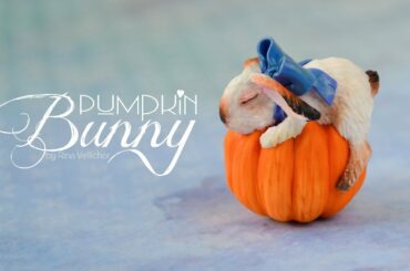 Cute tiny Halloween white bunny sleeping on a pumpkin 🐇 Polymer clay tutorial