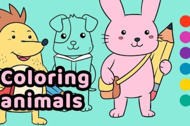 Coloring and painting cute animal drawings of a Dog, Bunny, Reindeer and a Hedgehog.