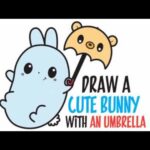 How to Draw a Bunny Rabbit with Cute Bear Umbrella Kawaii Easy Step by Step Drawing for Kids