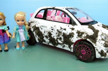 Muddy Car ! Elsa and Anna toddlers wash Barbie's cars