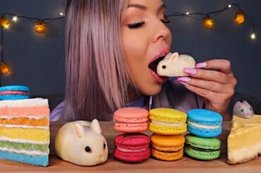 ASMR RAINBOW MASCARPONE CAKE, MINI BUNNY CARROT CAKE (FAKE), CHEESECAKE, RAINBOW MACARONS MUKBANG