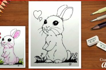 How to draw cutest bunny love - ( pen and ink drawing ) super cute rabbit
