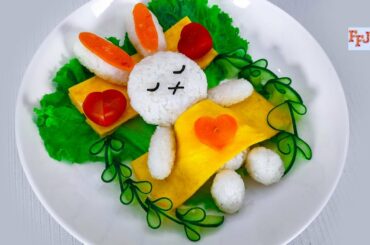 DIY Sleeping Bunny Rice with Omelet Blanket for Breakfast Preparation