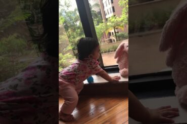 Baby likes playing with rabbit
