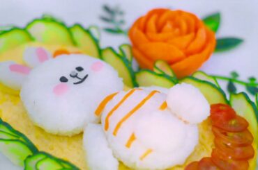 Cute Rabbit Rice Recipe with Cucumber & Carrot Decoration