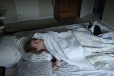 Rabbit wakes up sleeping girl!