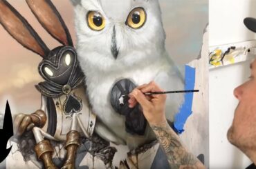 Rabbits and Owls emerge from their Wonderland Home in this painting "Rabbit Season"