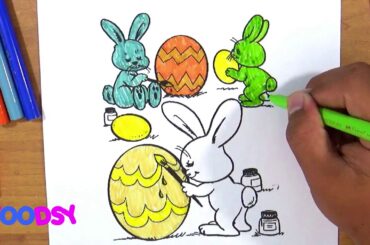 How to Color Three Cute Bunnies Decorating An Easter Eggs Coloring Page