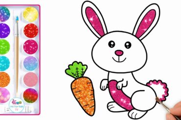 Drawing and Coloring Cute Rabbit with Carrot for Baby - Glitter Rabbit coloring for Kids
