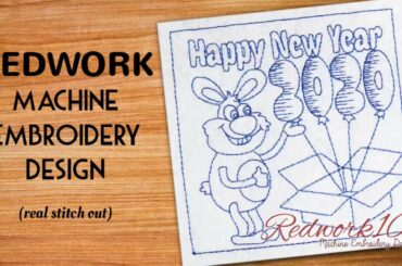 Cute Bunny Rabbit with 2020 Balloons | Redwork Embroidery Designs
