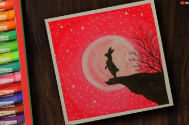 Cute Bunny Scenery drawing with Oil Pastels step by step