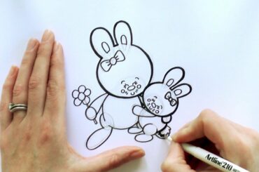 How to Draw a Cartoon Bunny Hugging Her Mother - for Mother's Day