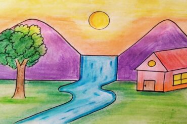 Easy landscape drawing for kids and beginners|Learn house and nature simple painting