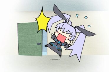 Cute bunny loli hits her head against a door