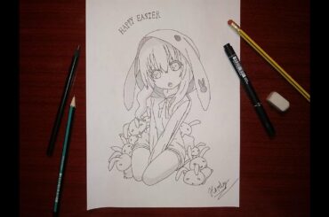 Happy Easter cute bunny girl draw