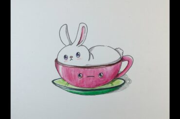 How To Draw Kawaii (かわいい | 可愛い) Bunny In Teacup | (Step by Step Easy)