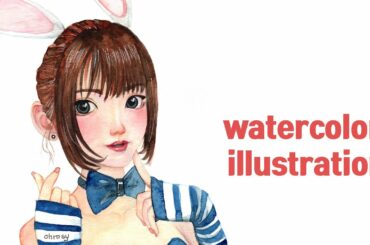 watercolor illustration portrait - Cute Bunny Girl 캐릭터 수채화 그리기