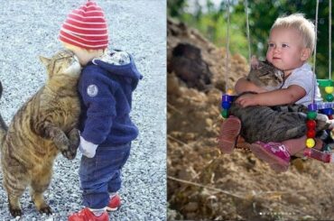 Cute baby and pets 🤠 A cute baby and a cat 🥳 A baby and a cat play extremely funny
