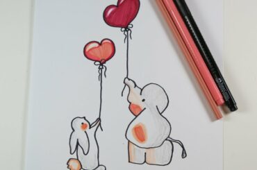 DIY Drawing Elephant and Bunny with Heart Balloons, Cute Drawings for Valentine's.