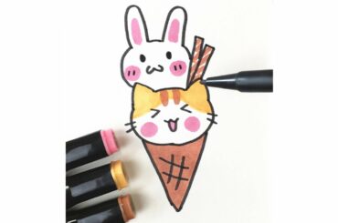 Easy animals Drawing: cat & rabbit - Cute Cartoon Drawing for kids