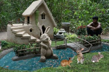 Rescue baby rabbits from unsafe shelter and building most luxury house with fish pond for rabbit