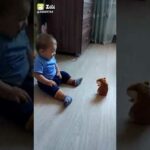 Cute baby scared by toy