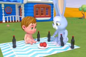 FUNNY BABY DIAPER PLAYING WITH A RABBIT.