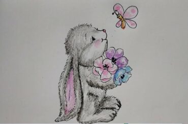 How to draw cute bunny with butterfly || easy step by step drawing with pen and wax crayon.