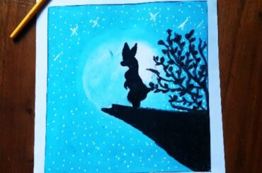 Cute Bunny scenary drawing with oil pastel step by step |moonlight scenary drawing