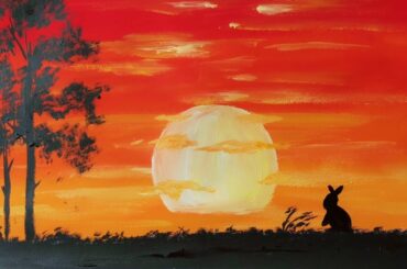 Drawing in love -6 night sky painting-Cute bunny under the red sky