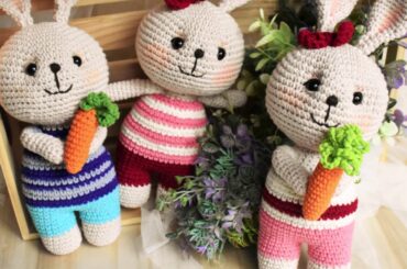 Cute rabbit crochet collection. Bunny handmade. Vintage home decoration. Creative handicraft toys