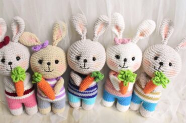 Cute rabbit crochet collection. Bunny handmade. Vintage home decoration. Creative handicraft toys