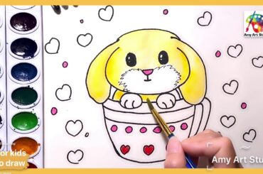 How to draw cute bunny/ watercolors & crayons/ tutorial for kids Art lesson