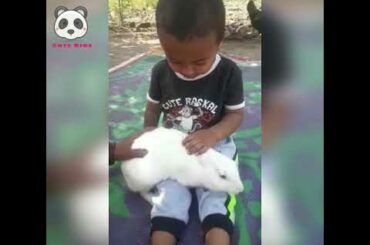Cute baby playing with cute rabbit